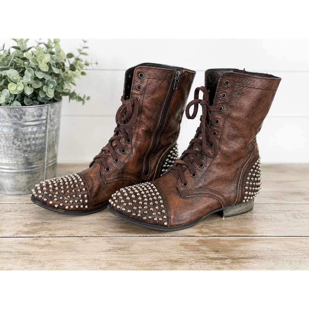 Tarnney Leather Studded Combat Boots Womens Size 11 Brown Lace Up Zip Distressed